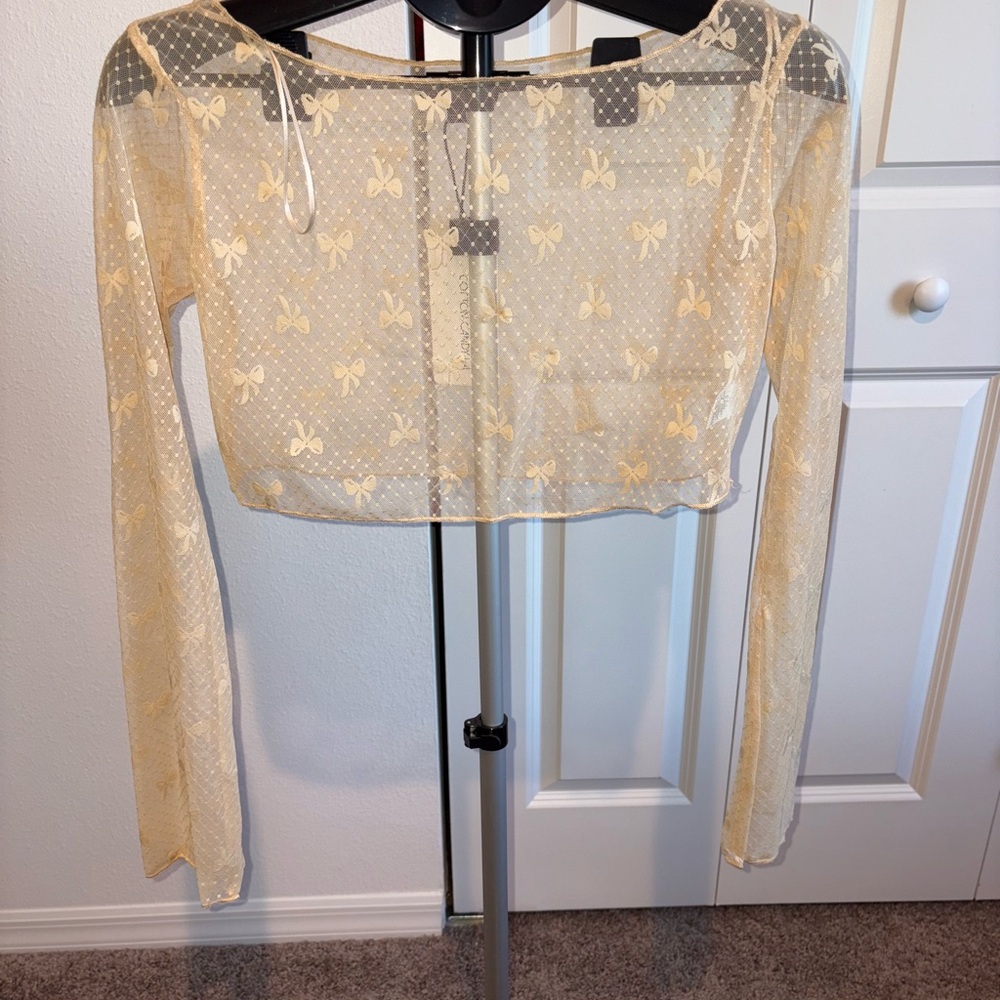 Cotton Candy Sheer Beige Bow Crop Top